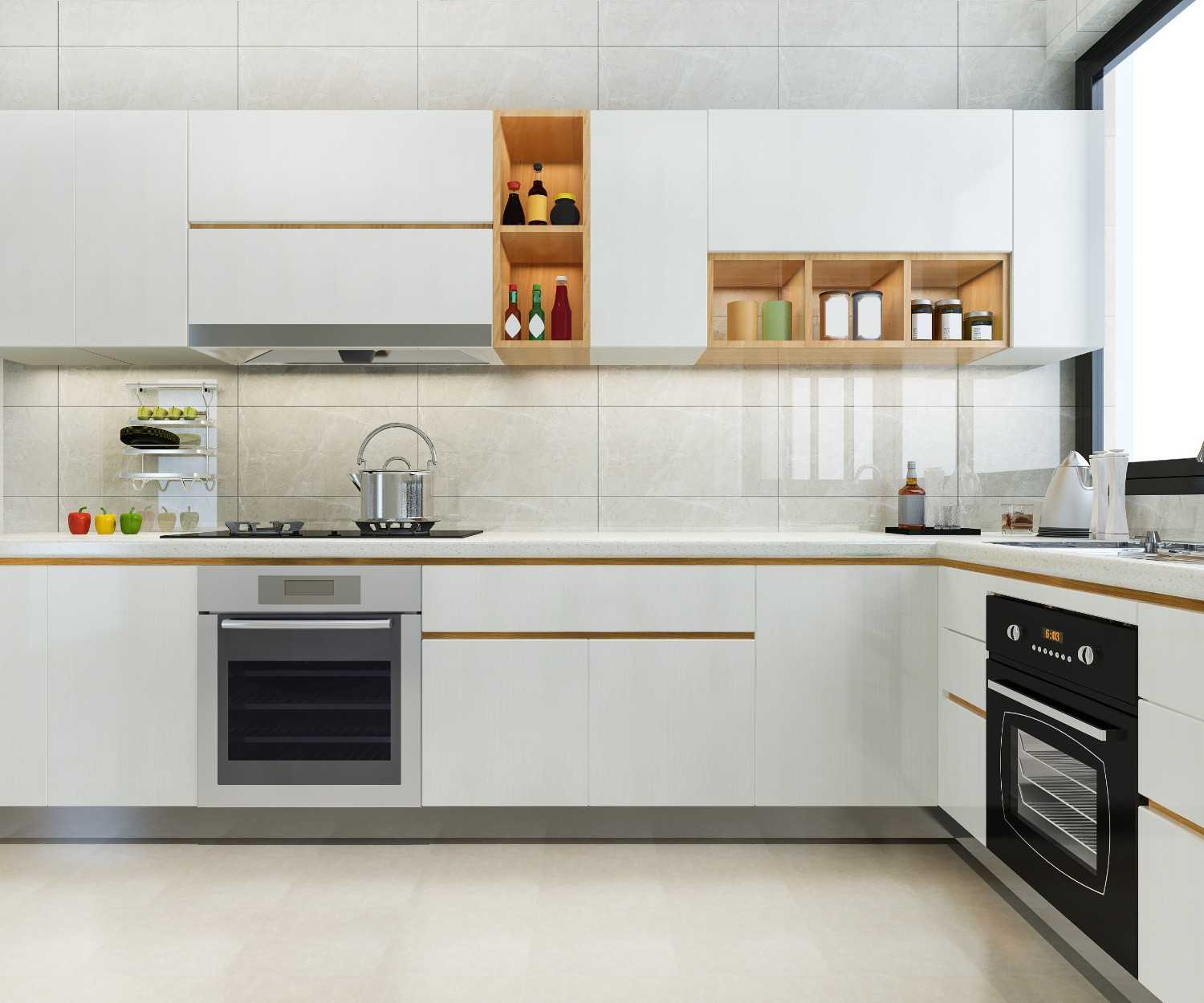 Modern white kitchen cabinets with open wood shelving and a beige tile backsplash
