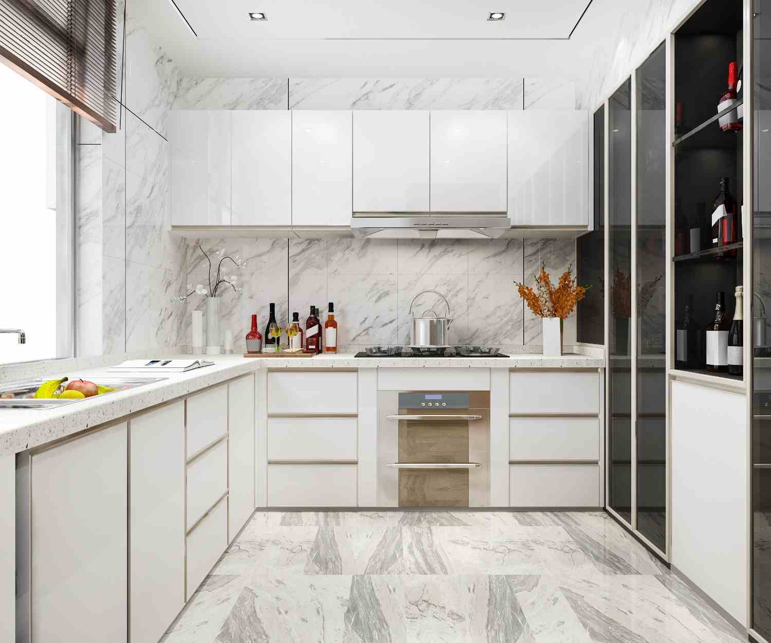 White kitchen with glossy cabinets, a marble backsplash and a light stone countertop