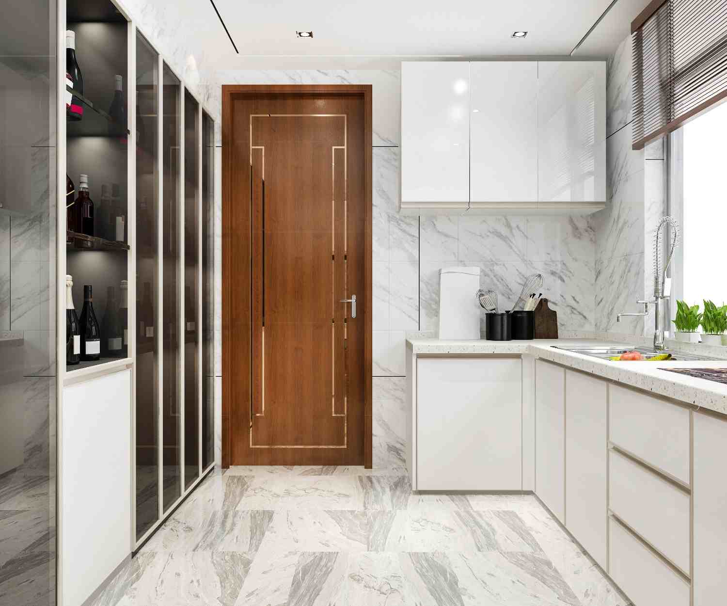 White marble kitchen with glass-front display cabinets and a walnut door