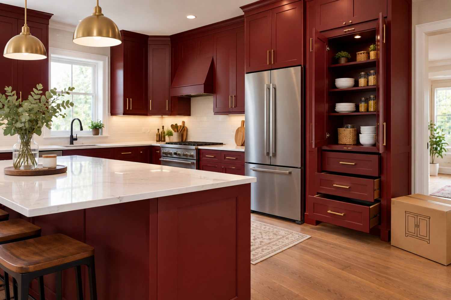 Burgundy kitchen with an open pantry cabinet showing organized shelves and pull-out drawers