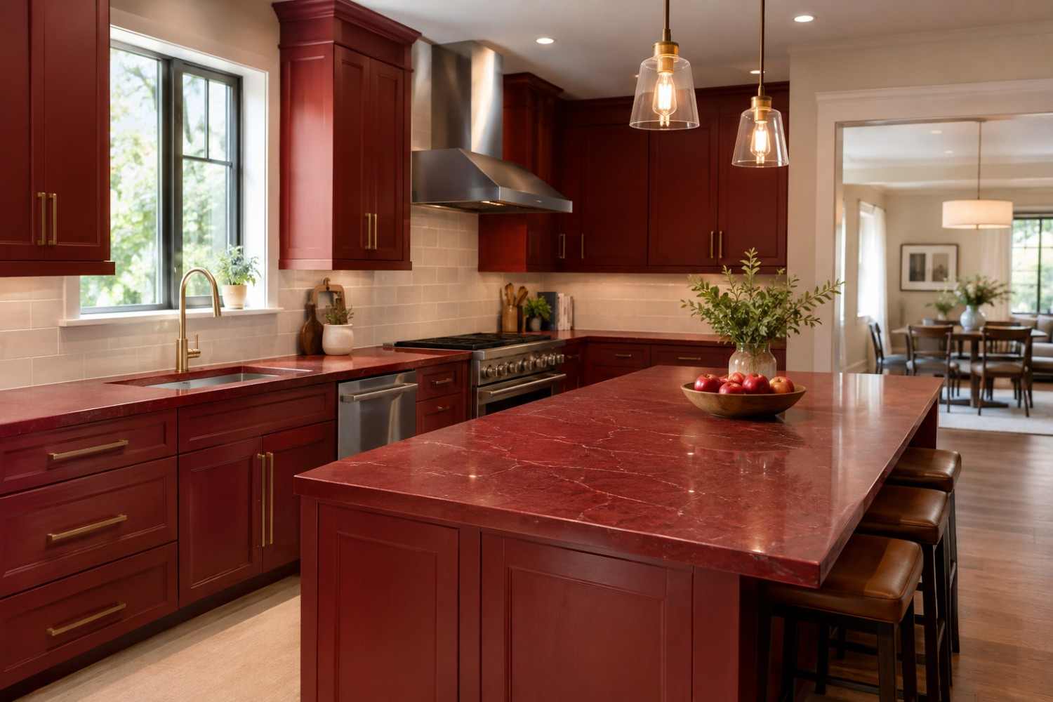 Burgundy kitchen with a red marble island and open dining area