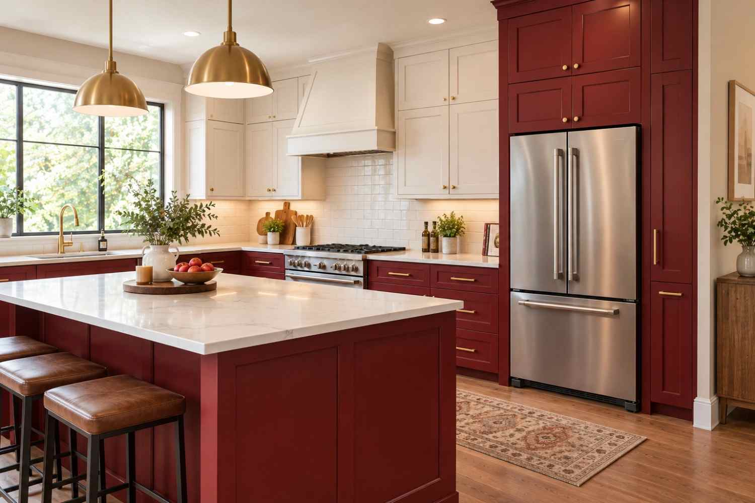 Two-tone kitchen with maroon and cream cabinets and brass hardware