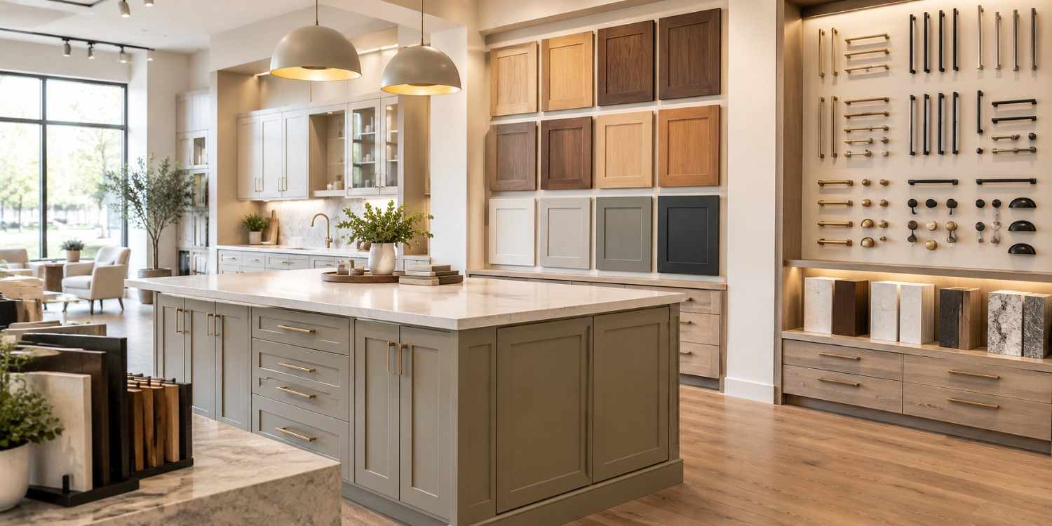 Custom Cabinets in Tampa displayed in a modern kitchen showroom with various wood finishes and hardware options