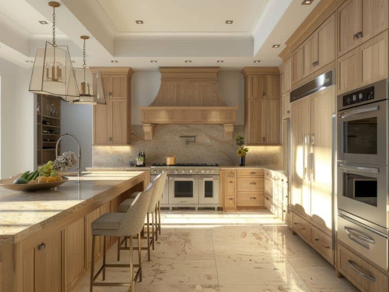 Completed kitchen remodel with custom wood cabinets and a large island