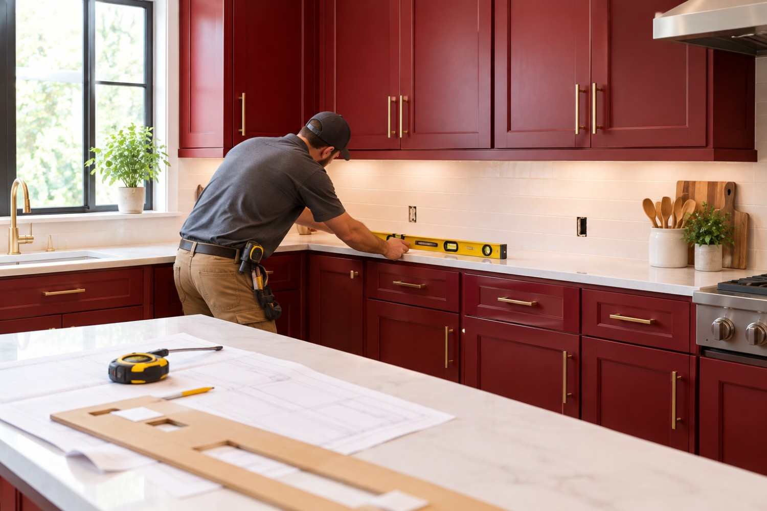 Installer checking a countertop is level on burgundy kitchen cabinets