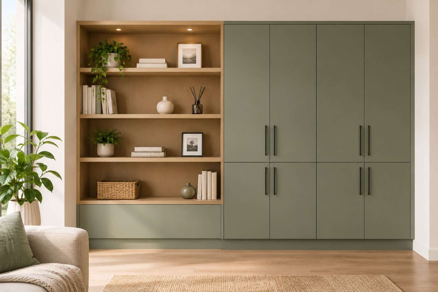 Sage green built-in cabinets with open oak shelving