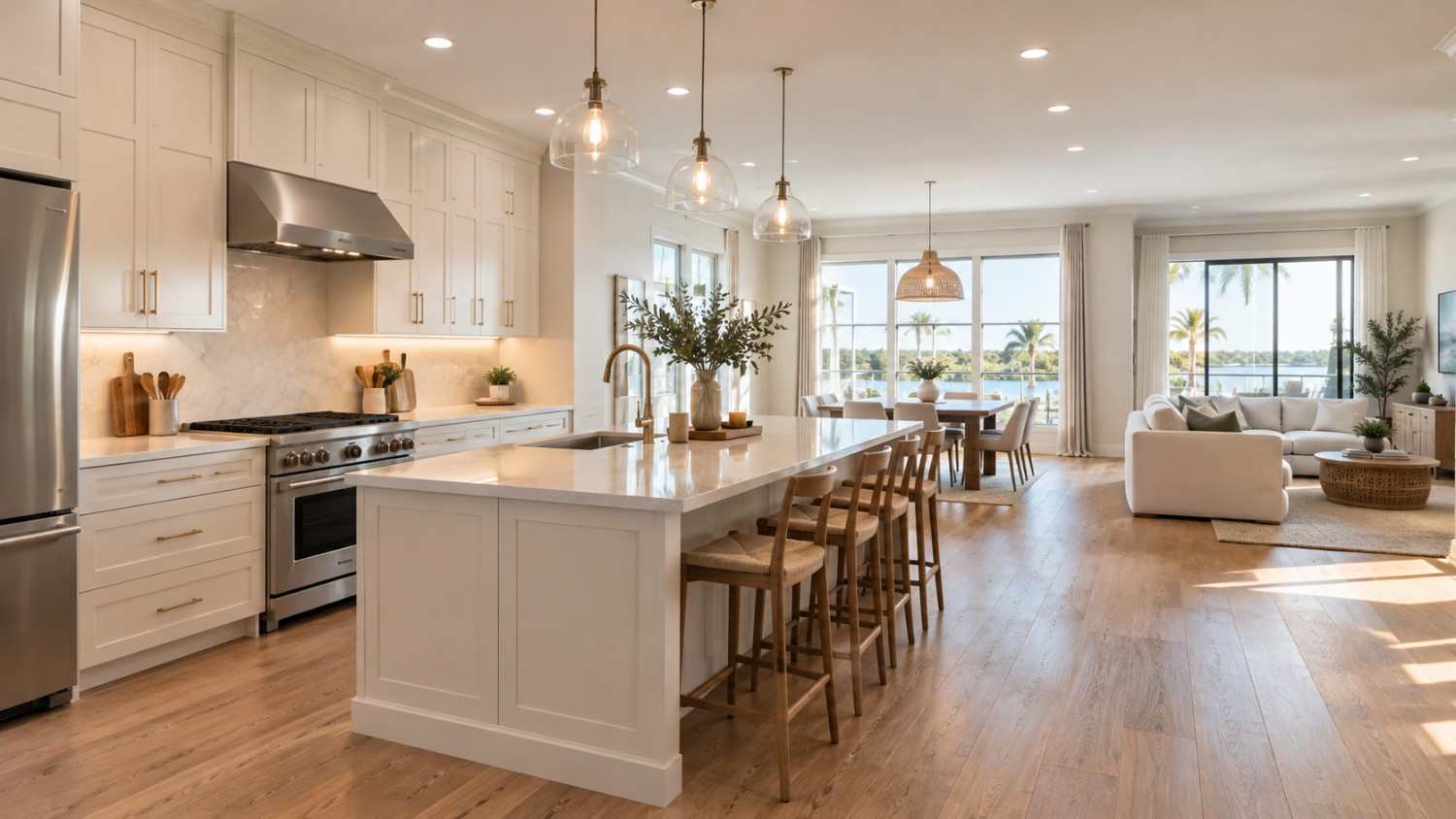 Kitchen Remodel in Tampa showcasing a spacious open layout with upgraded cabinetry and new flooring