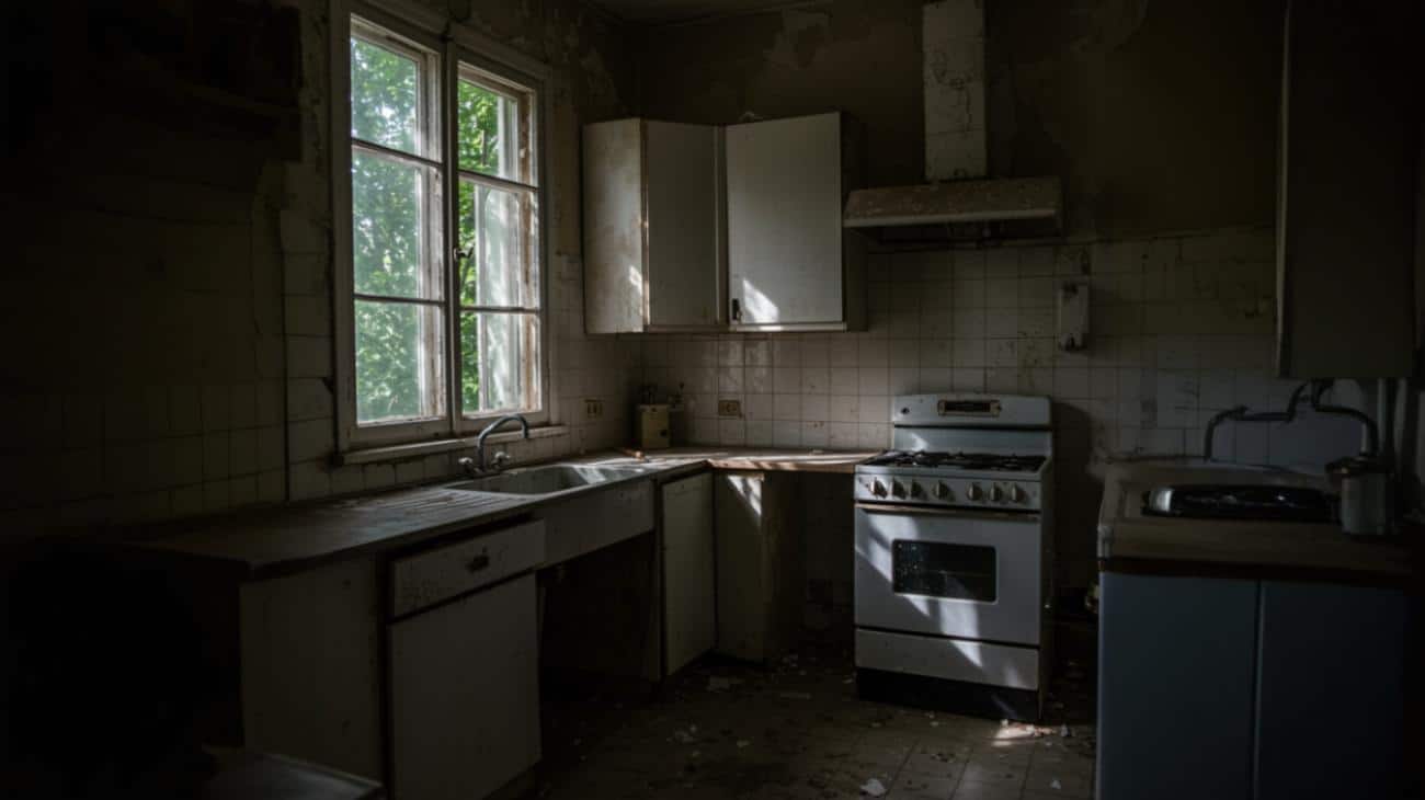 Neglected kitchen with aging, damaged cabinets and stained walls