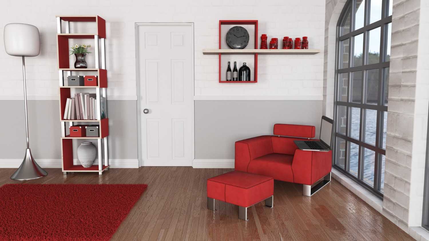 Living room with a warm hardwood floor, red furniture and a large arched window