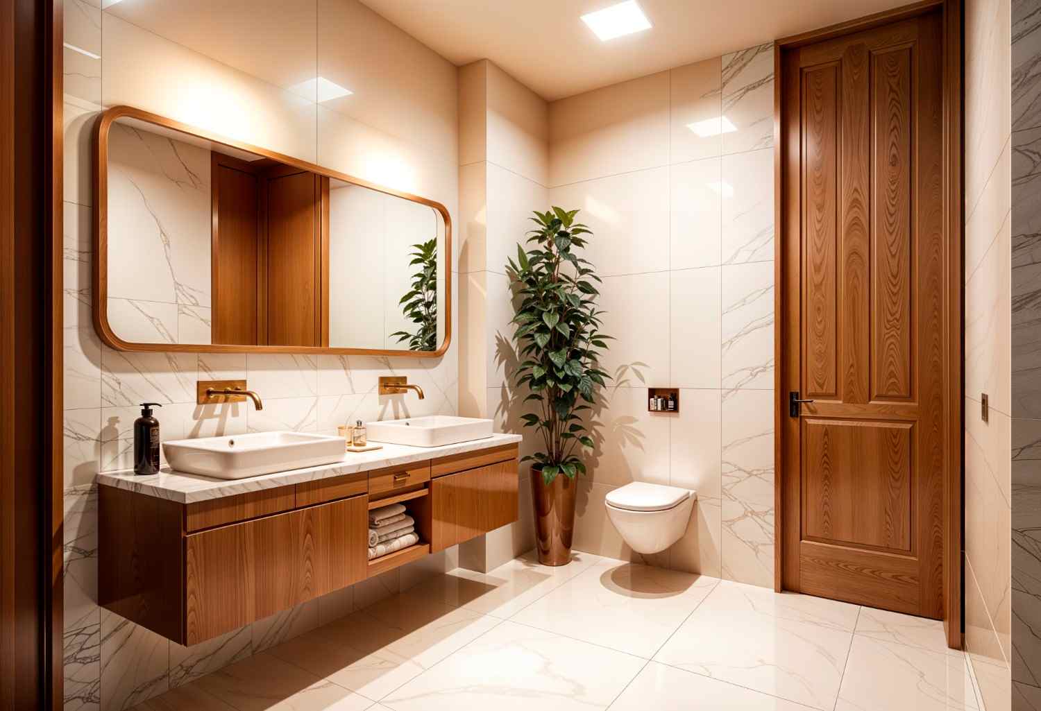 Floating wood double vanity with vessel sinks and a rounded mirror