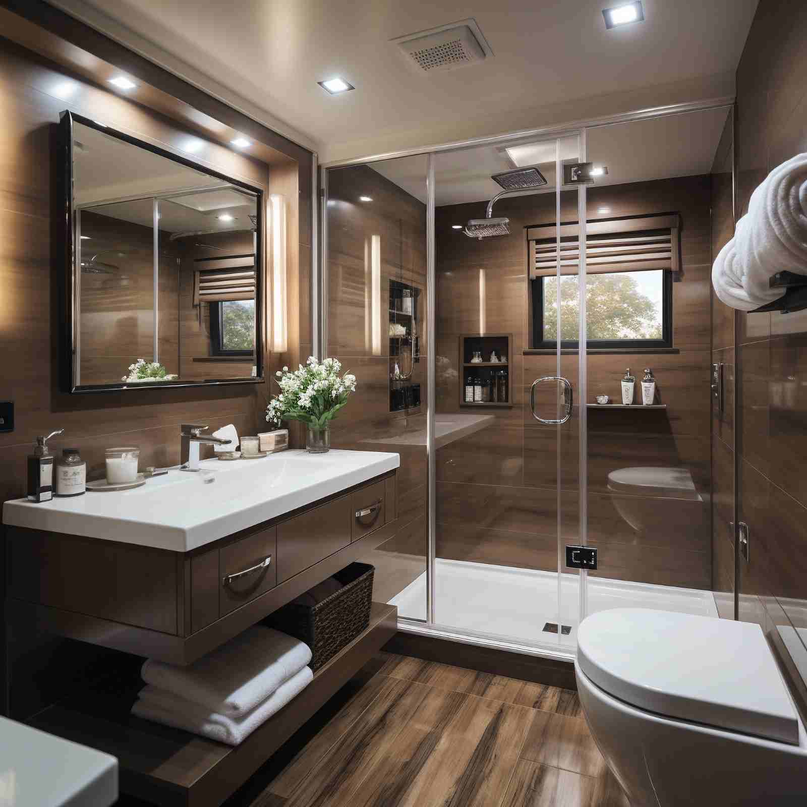 Modern small bathroom with a floating wood vanity and glass walk-in shower
