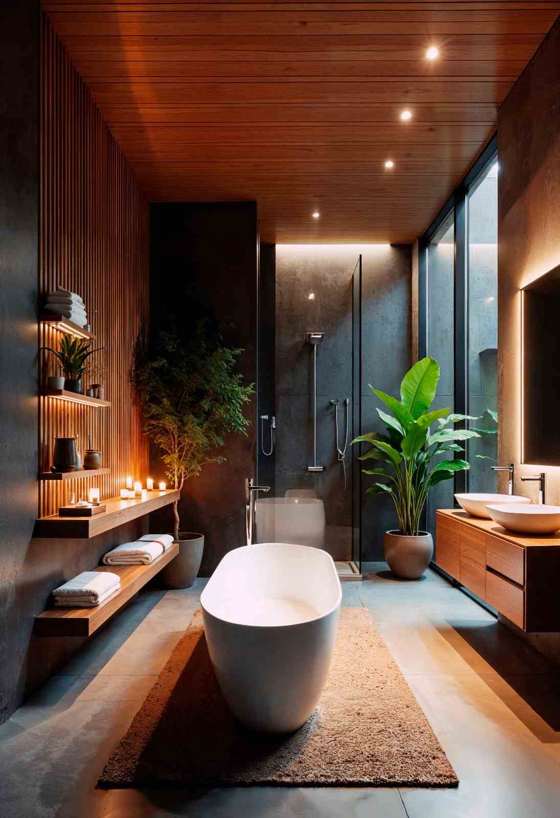 Modern bathroom with a freestanding tub and wooden floating vanity