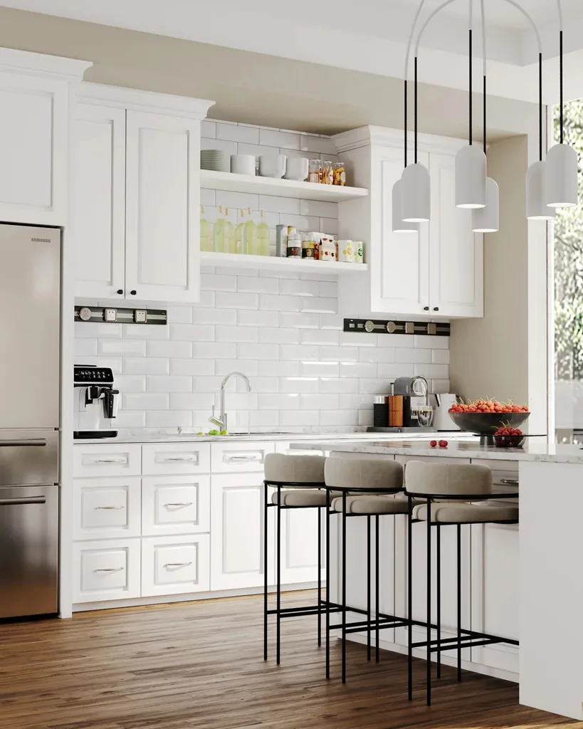 White raised-panel kitchen cabinets with open shelving and a marble island