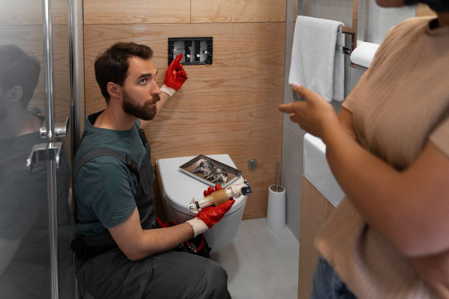 Plumber showing a toilet flush mechanism to a homeowner in a bathroom
